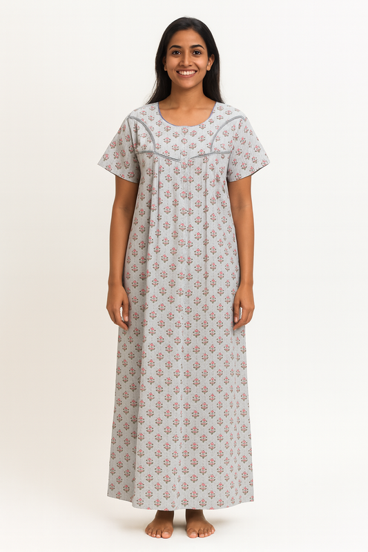 Pleated Lace Pattern Gown XL - Tiny Buti print - Light grey - 650L2