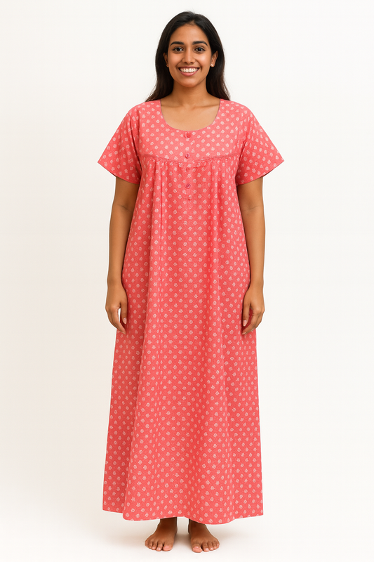 Pleated Lace Pattern Gown XL - Tiny Buti print - Coral Pink - 650L3