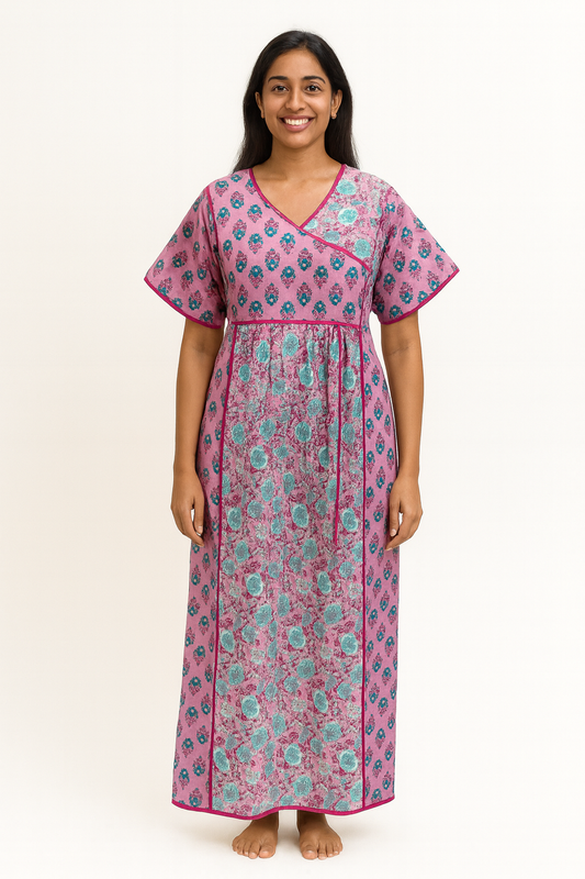 A - line Belt pattern Gown - Floral Buti print - Pink - 650B2