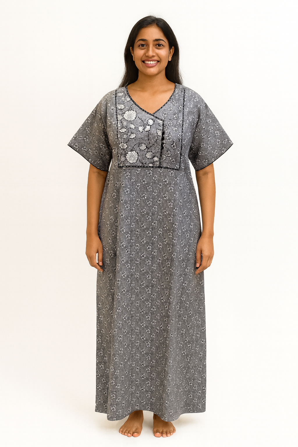 A - line Angarkha pattern Gown - Ditsy Floral print - Grey - 650A1