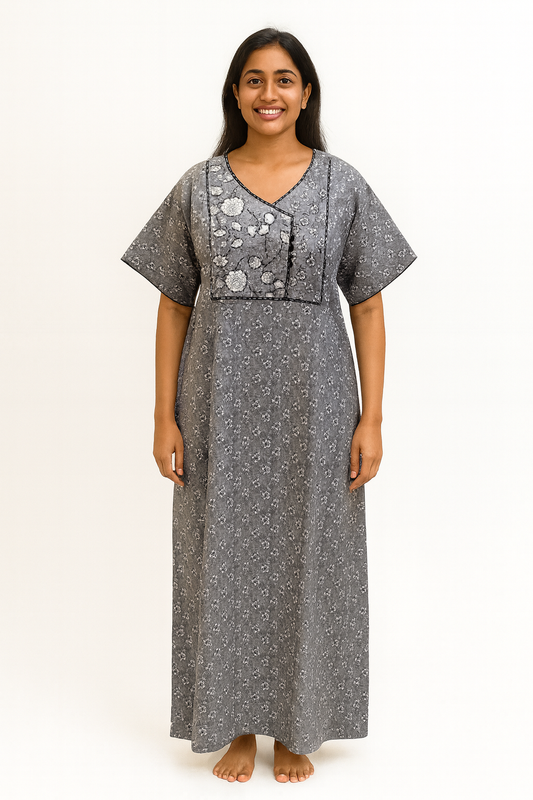A - line Angarkha pattern Gown - Ditsy Floral print - Grey - 650A1