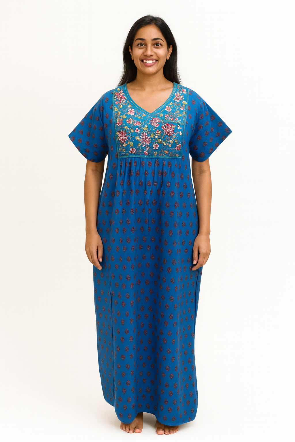 A - line Angarkha pattern Gown - Floral print - Peacock Blue - 650AS01