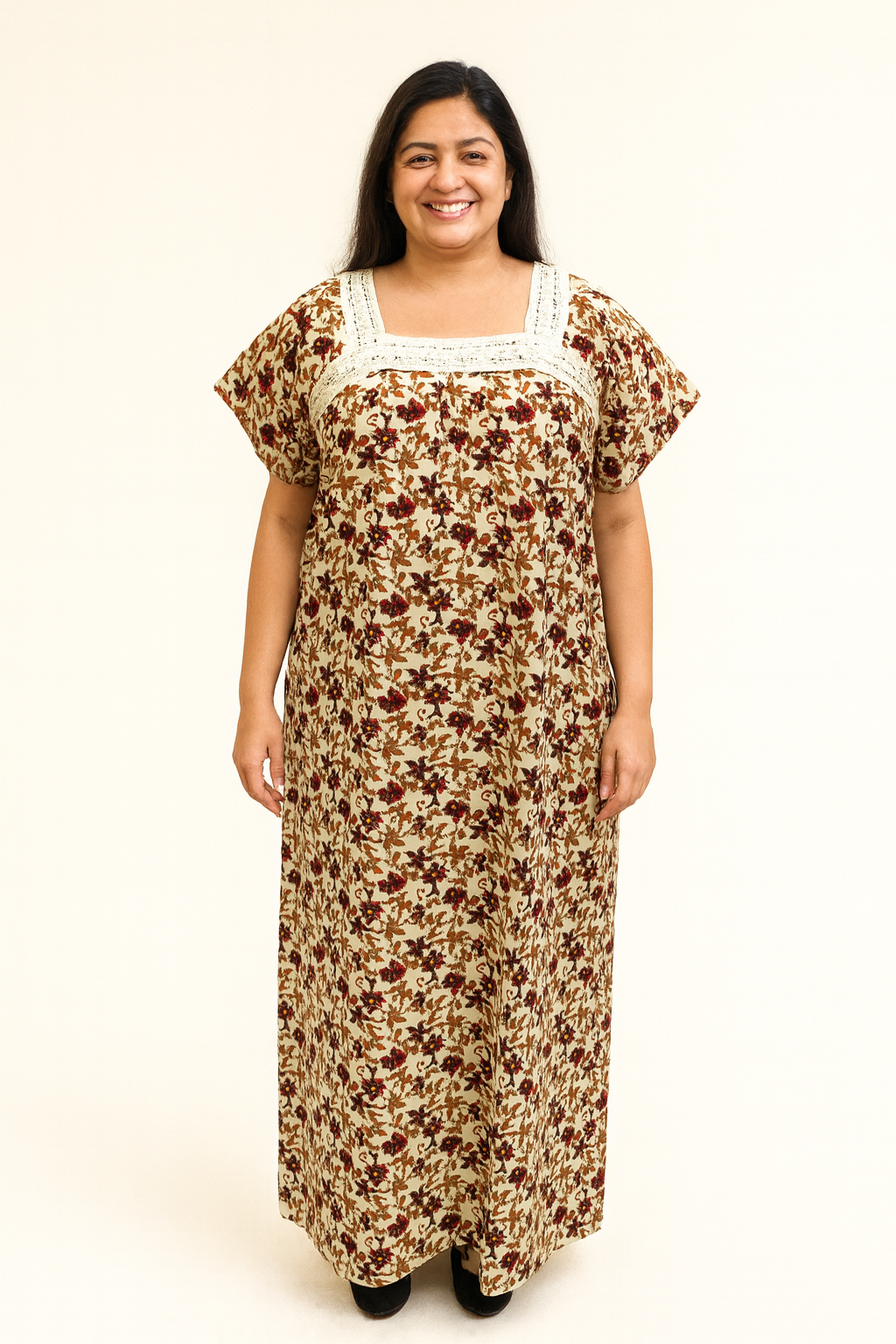 A - line Lace pattern Gown XL - Floral Creeper print - Mustard, Blue & Green - 650LQ01