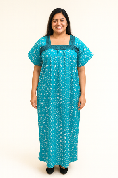 A - line Lace pattern Gown XL - Geometric print - Sea Green, Grey, Red & Lime Green - 650LQ02