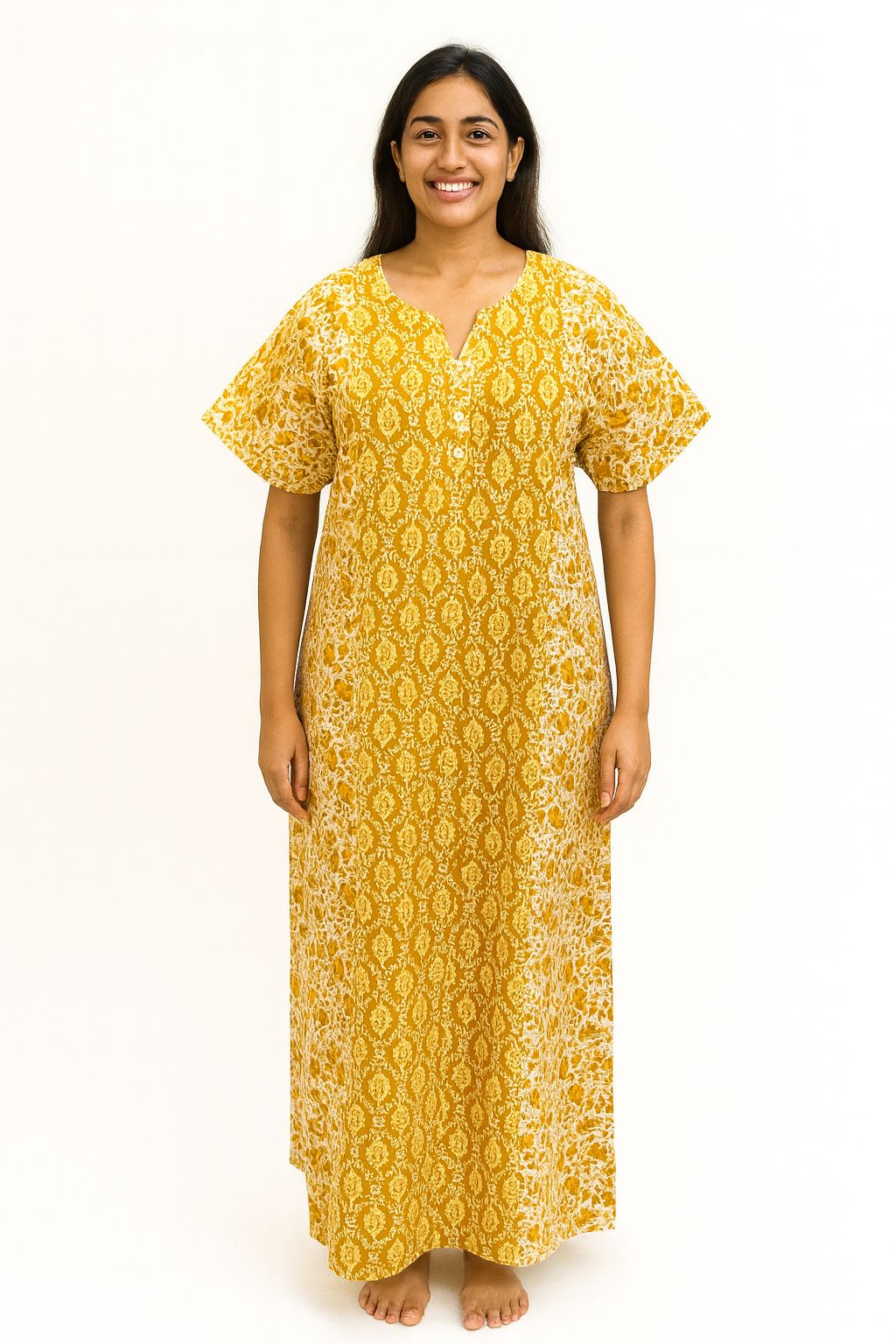 A - line Gown with Double Pocket XL- Motif Print - Mustard, Coffee Brown & Rust Orange - 650DP2
