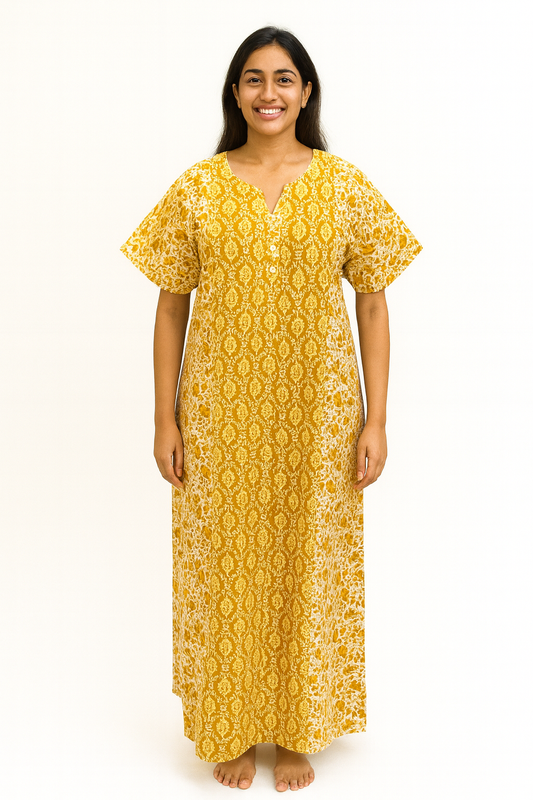 A - line Gown with Double Pocket XL- Motif Print - Mustard, Coffee Brown & Rust Orange - 650DP2