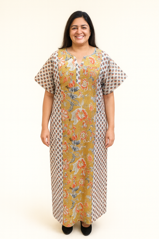 A - line Gown with Double Pocket Gown XL- Motif & Floral Print - (Mustard - White) - 650DP4