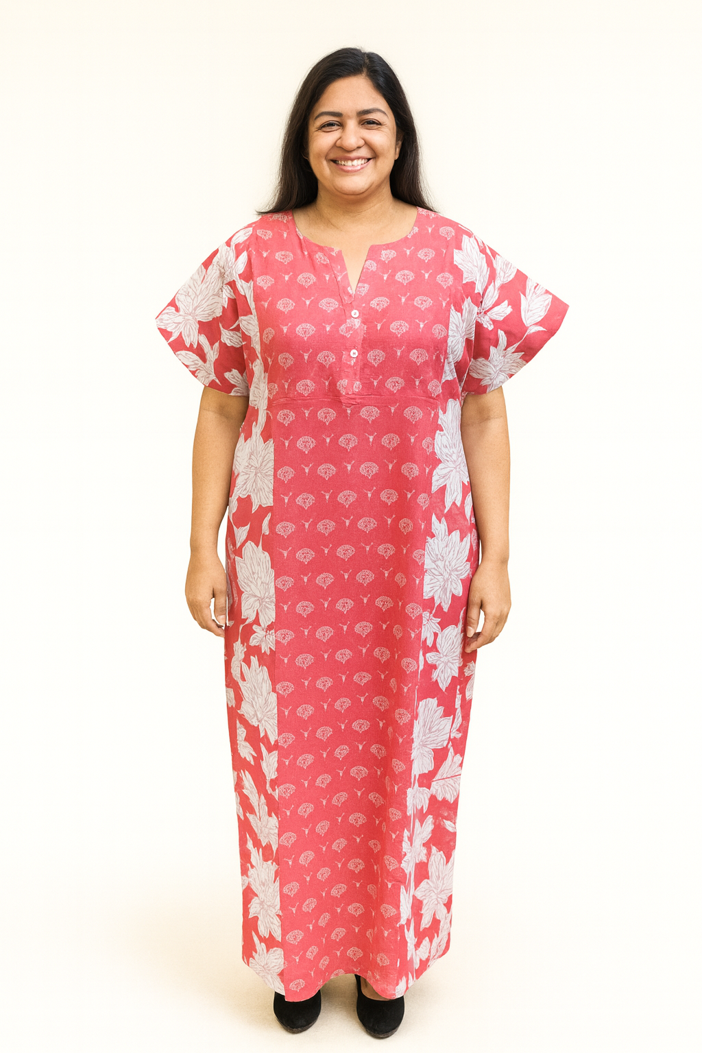 A - line Gown with Double Pocket XL- Peach Floral Print - 650DP04