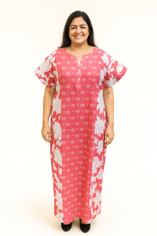 A - line Gown with Double Pocket XL- Peach Floral Print - 650DP04