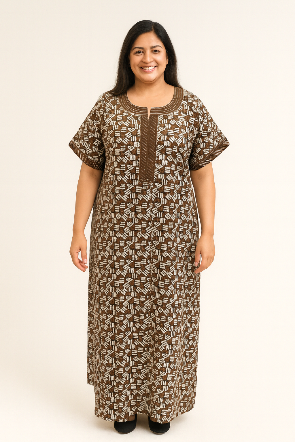 A - line pattern Gown - Geometric print - Umber Brown - 650E3