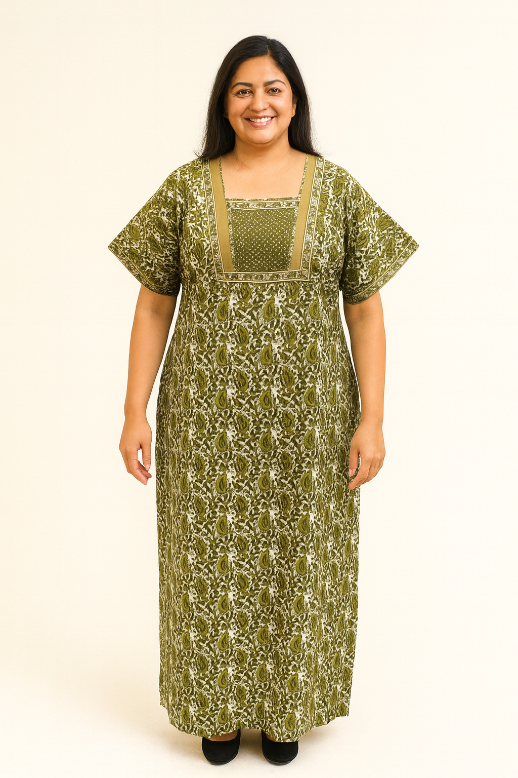 A - line Sequence Pattern Gown - Paisley Leaf print - Dark olive & Black- 650AS03