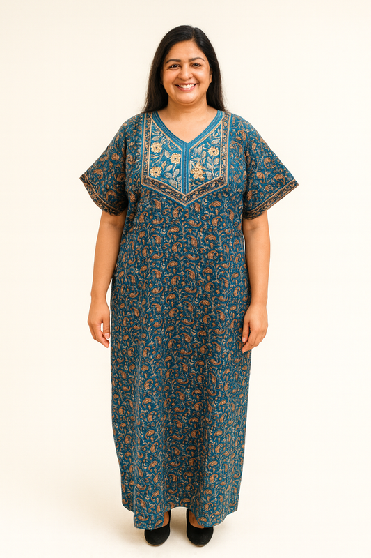 A - line Sequence Pattern Gown - Dense Paisley print - Rama Green & Blue - 650AS05