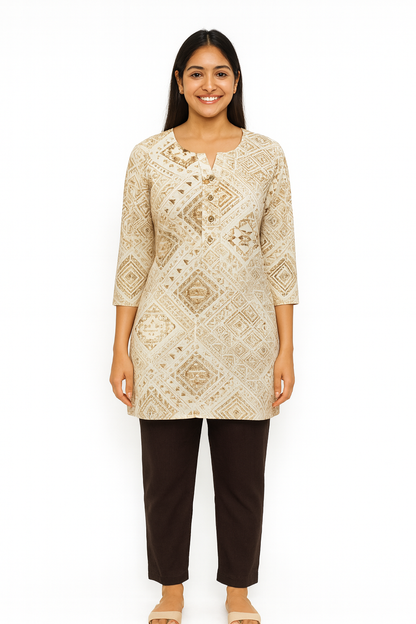 Cotton Short Top - Geometric Print - Cream - 205S18