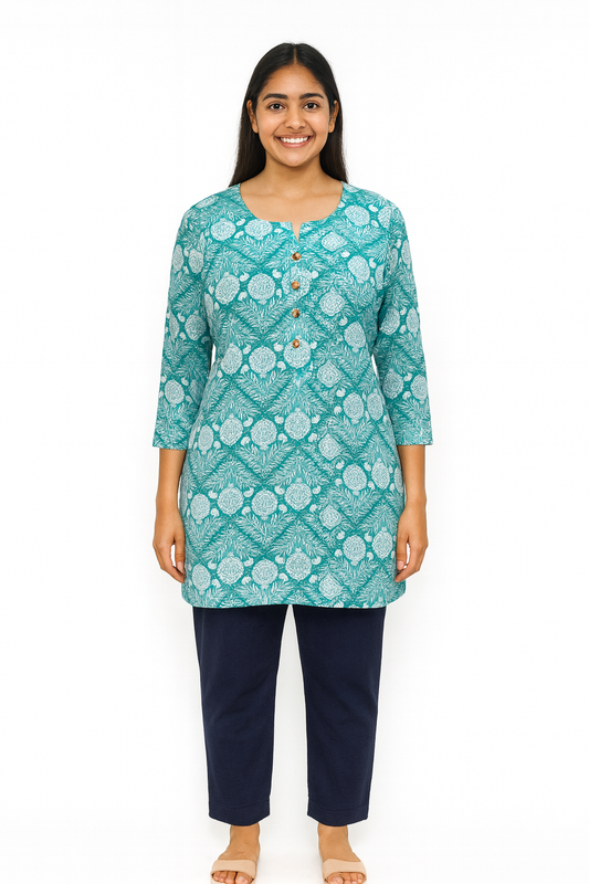 Cotton Short Top - Floral Print - Sea Green - 205S20