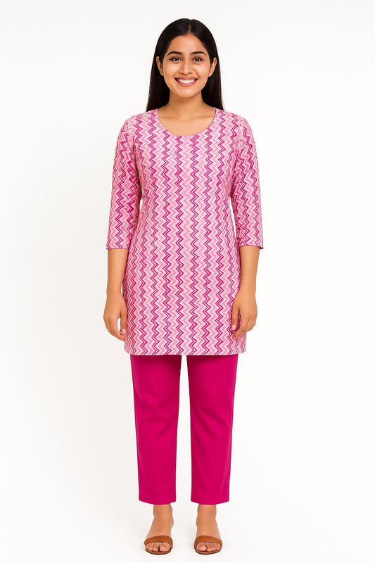 Cotton Short Top - Zigzag Print - Pink - 205S21