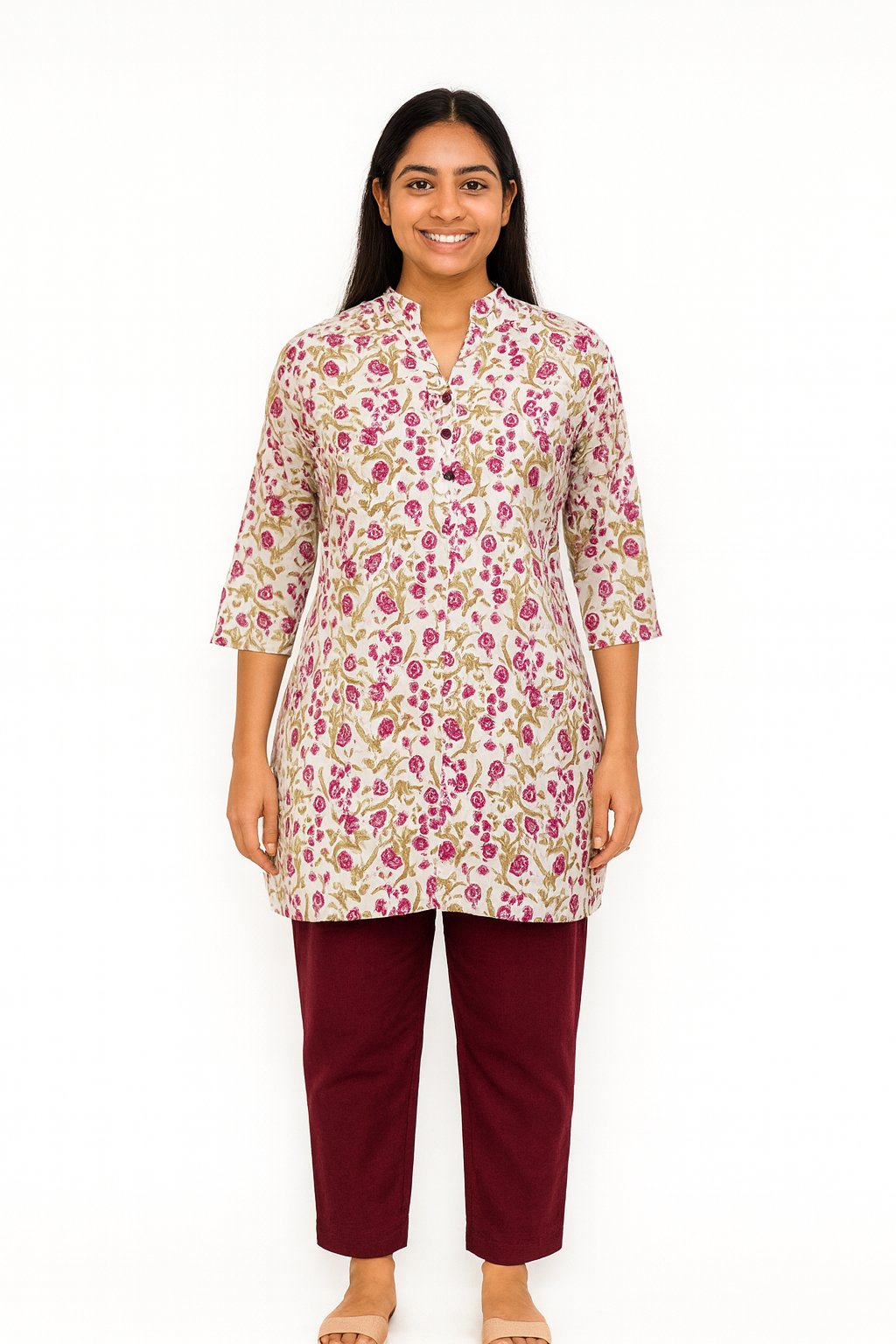 Cotton Short Top - Floral Print - Cream - 205S22