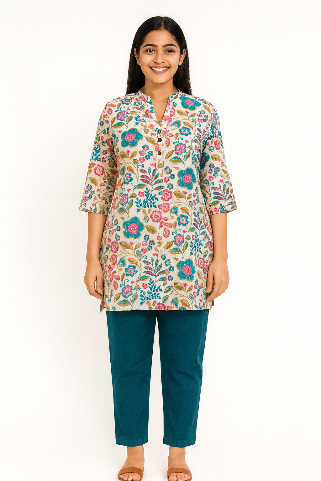 Cotton Short Top - Floral Creeper Print - Cream - 205S23