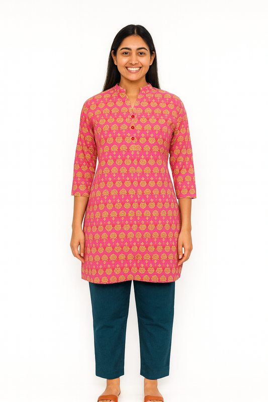 Cotton Short Top - Buti Print - Pink - 205S24