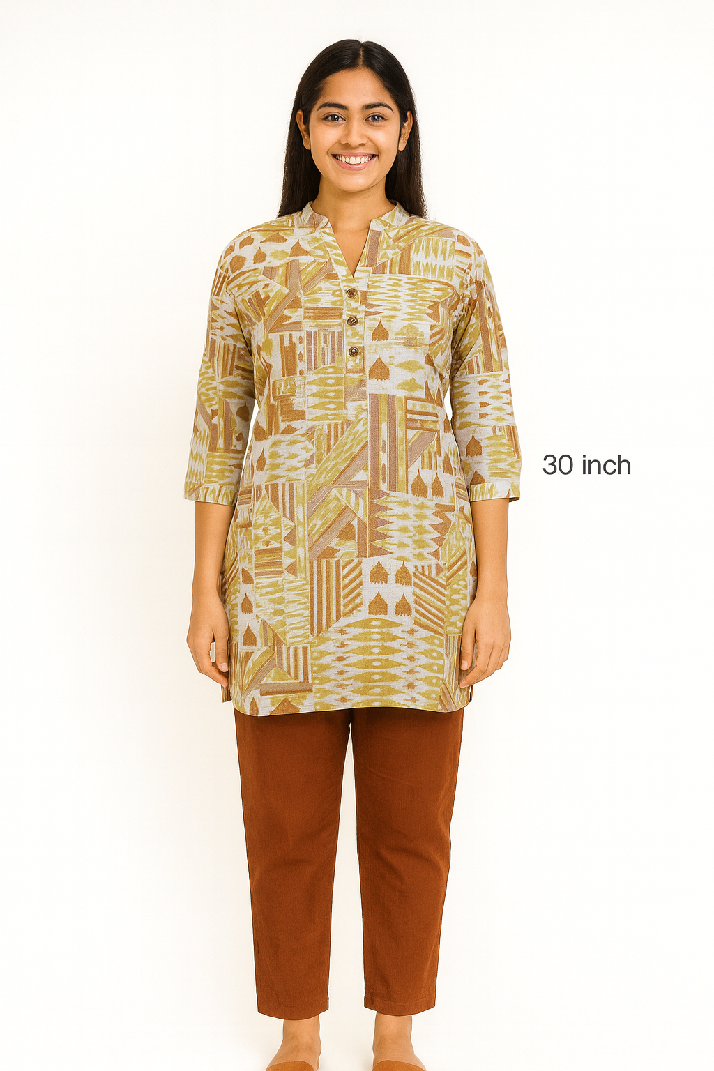 Cotton Short Top - Geometric Block Print - Cream - 205S25