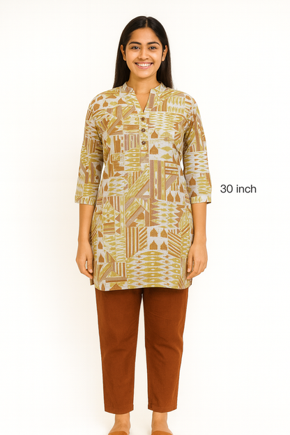 Cotton Short Top - Geometric Block Print - Cream - 205S25