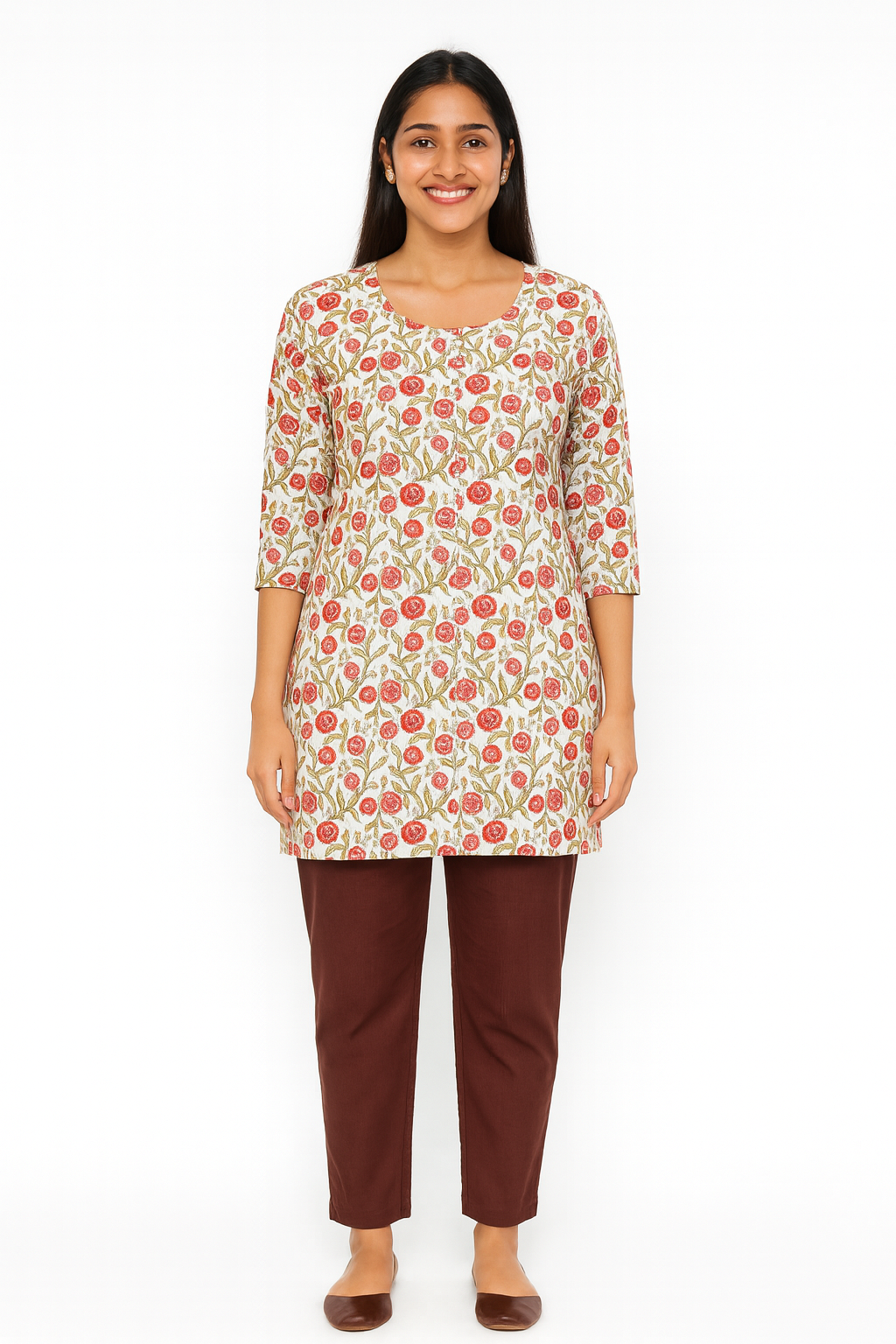 Cotton Short Top - Floral Print - Cream with Orange - 205S13