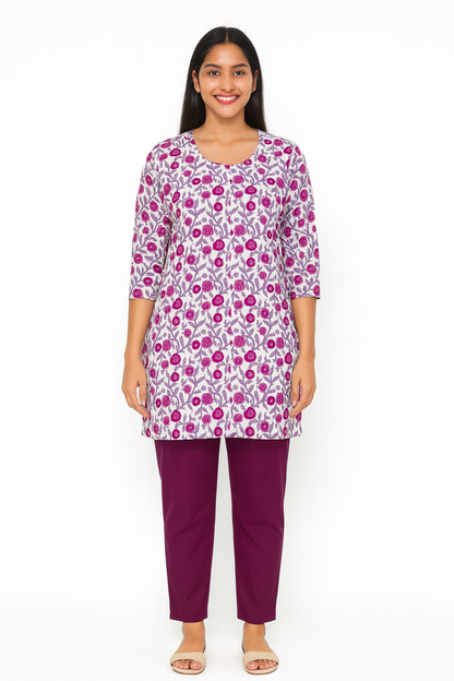 Cotton Short Top - Floral Print - Cream with Magenta - 205S14