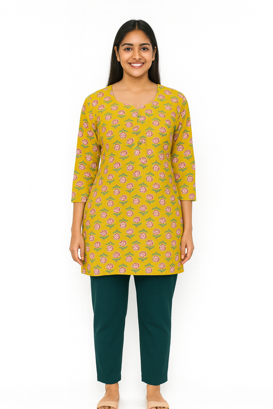 Cotton Short Top - Buti Print - Mustard Yellow - 205S16