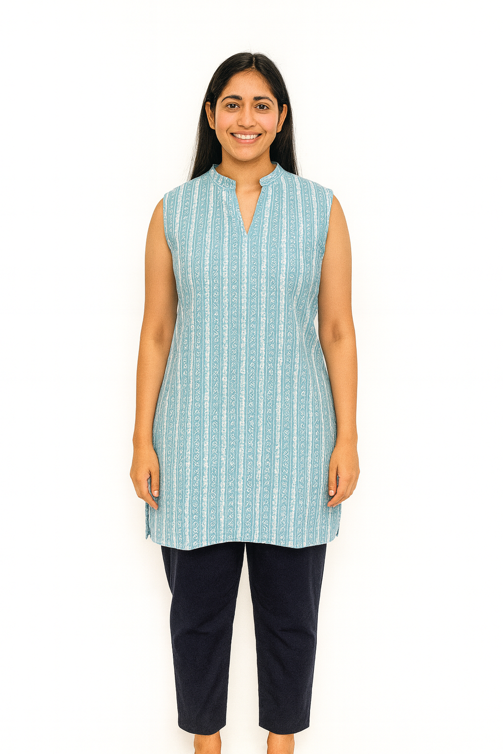 Cotton Short Top - Vertical Stripe Print - Pale Blue - 205SS29