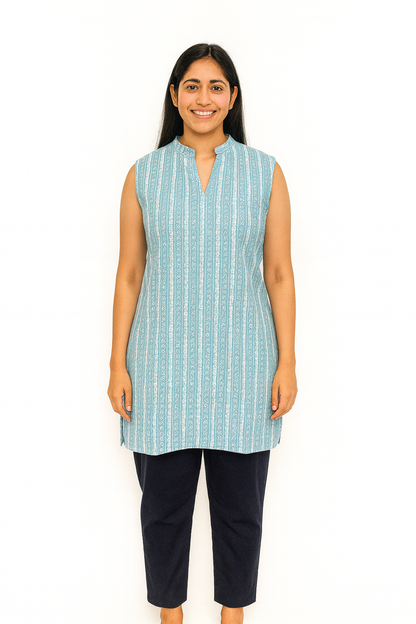 Cotton Short Top - Vertical Stripe Print - Pale Blue - 205SS29