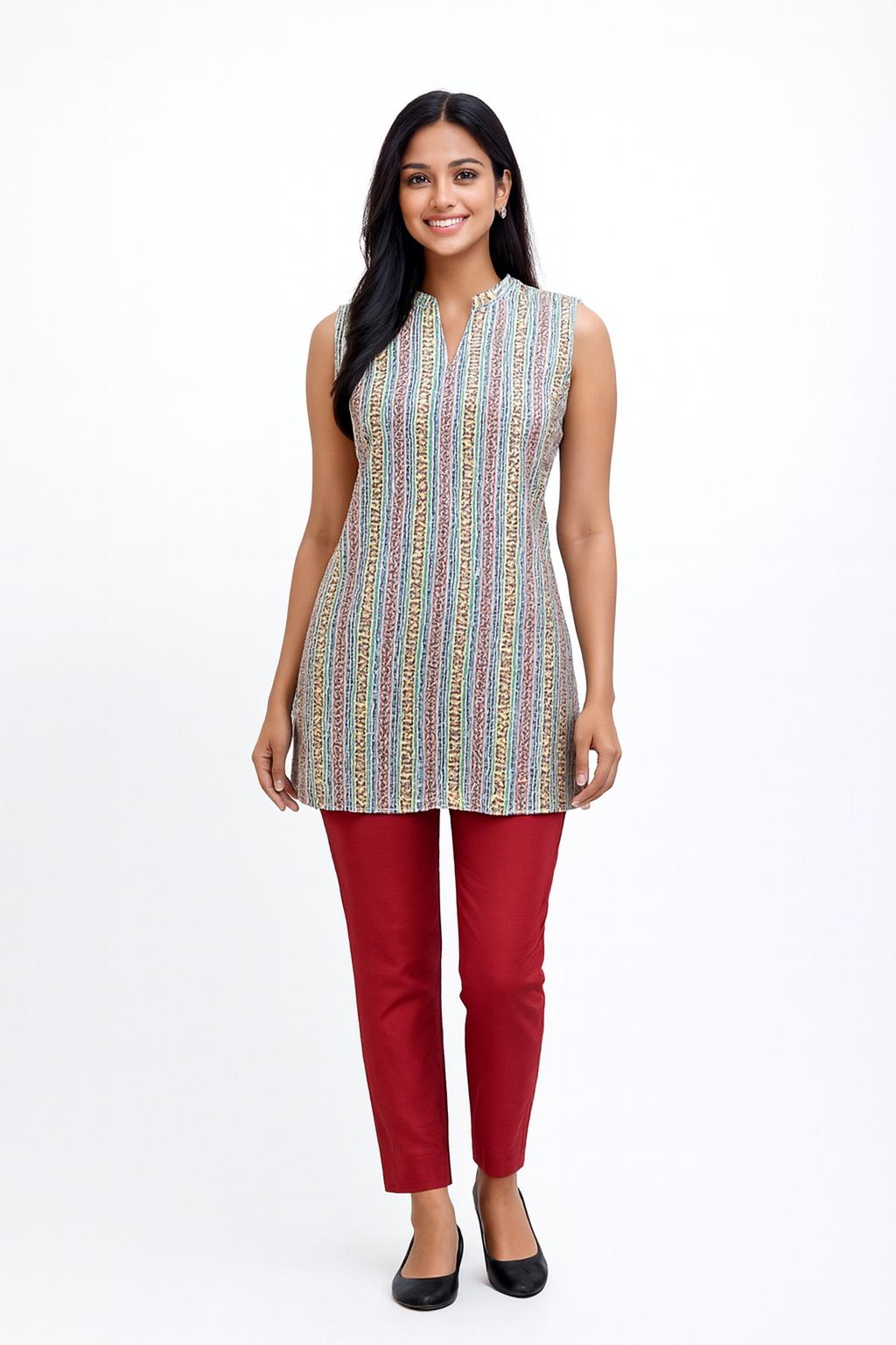 Cotton Short Top - Vertical Stripe Print - Multicoulour (Pink & Yellow) - 205SS30