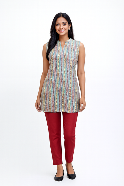 Cotton Short Top - Vertical Stripe Print - Multicoulour (Pink & Yellow) - 205SS30