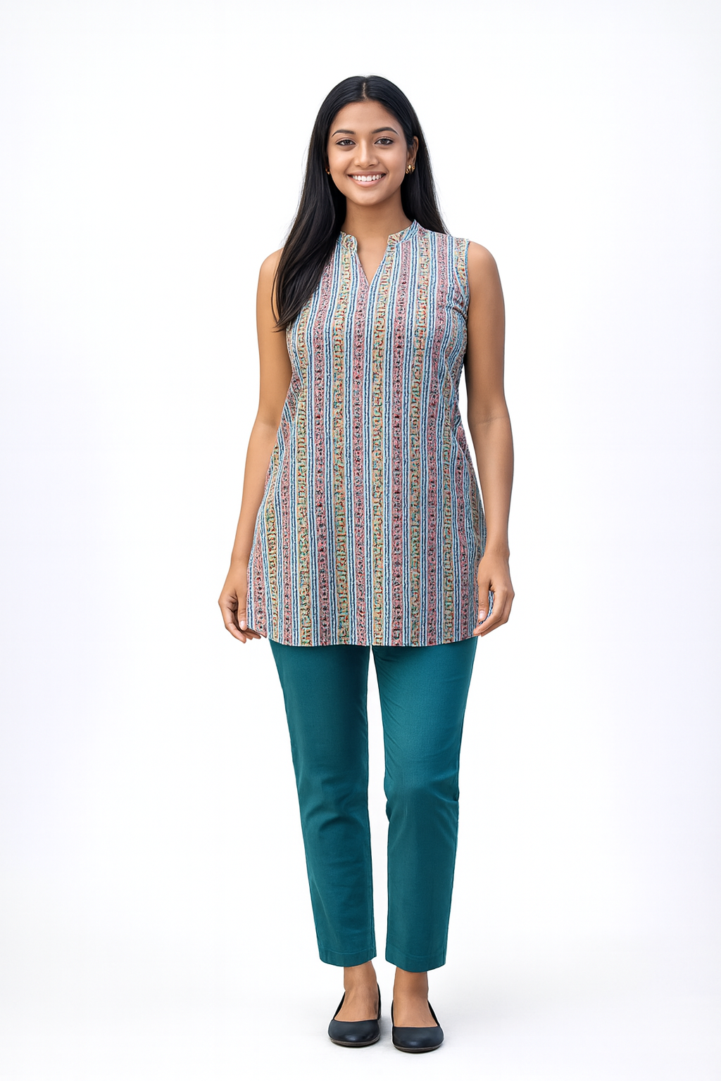 Cotton Sleeveless Short Top - Vertical Stripe Print - Multicolour (Pink & Blue) - 205SS32