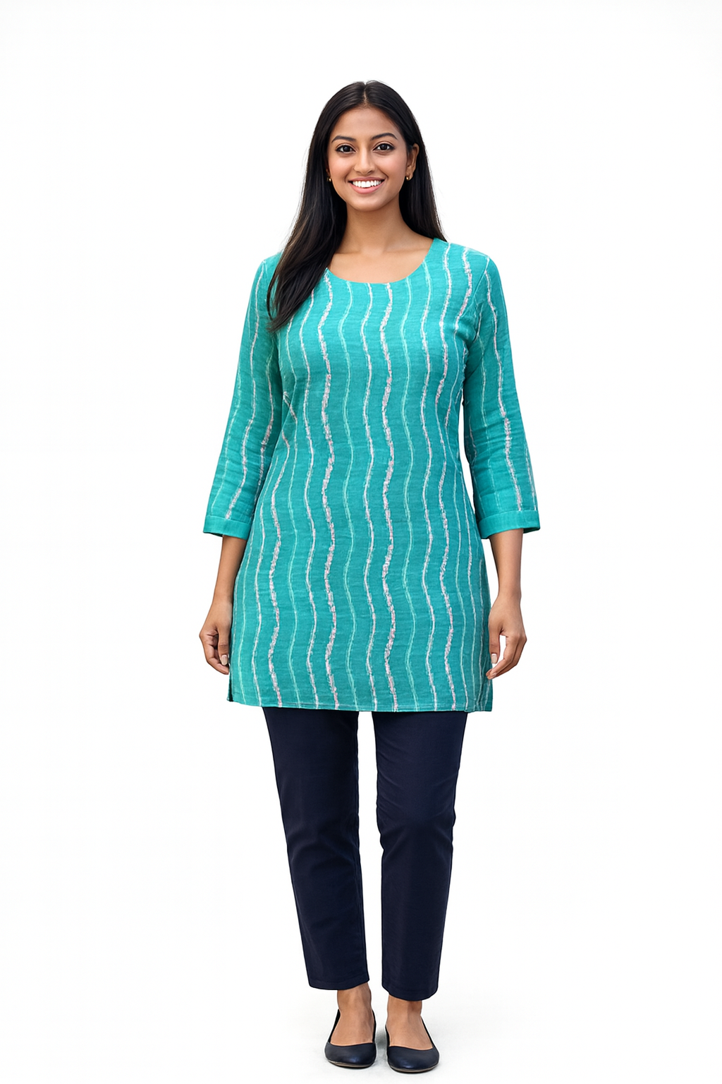 Cotton Short Top - Wavy Vertical Stripe Print - Turquoise - 205S1