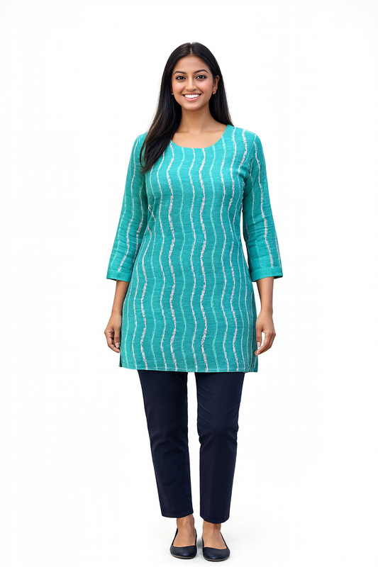 Cotton Short Top - Wavy Vertical Stripe Print - Turquoise - 205S1