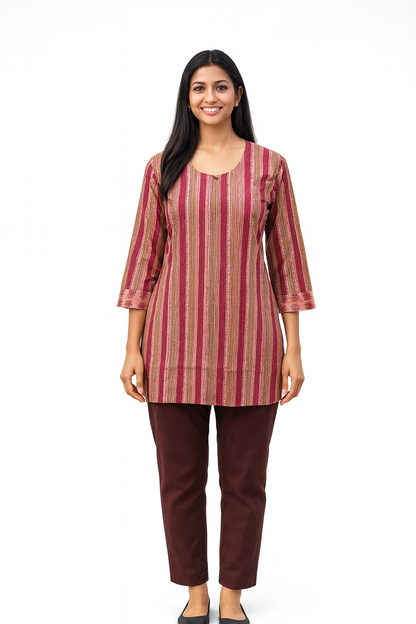 Cotton Short Top - Vertical Stripe Print - Dark Pink - 205S2