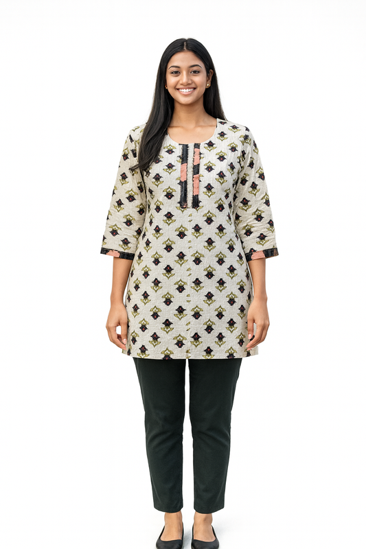 Cotton Short Top - Buti Print - Off-white - 205S3