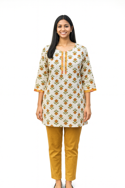 Cotton Short Top - Buti Print - Cream - 205S7