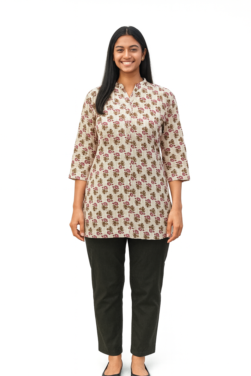 Cotton Short Top - Small Floral Buti Print - Cream - 205S4