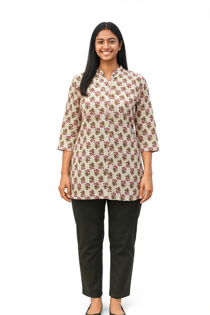 Cotton Short Top - Small Floral Buti Print - Cream - 205S4