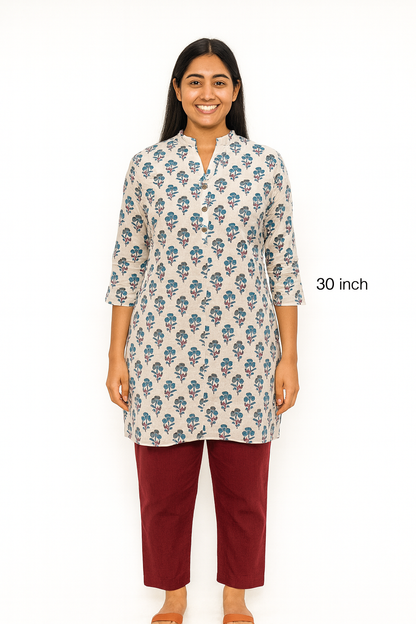 Cotton Short Top - Floral Buti Print - Cream - 205S26