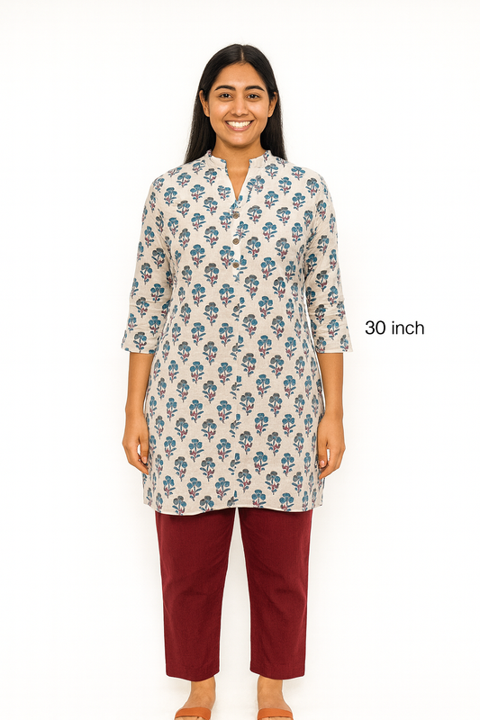 Cotton Short Top - Floral Buti Print - Cream - 205S26