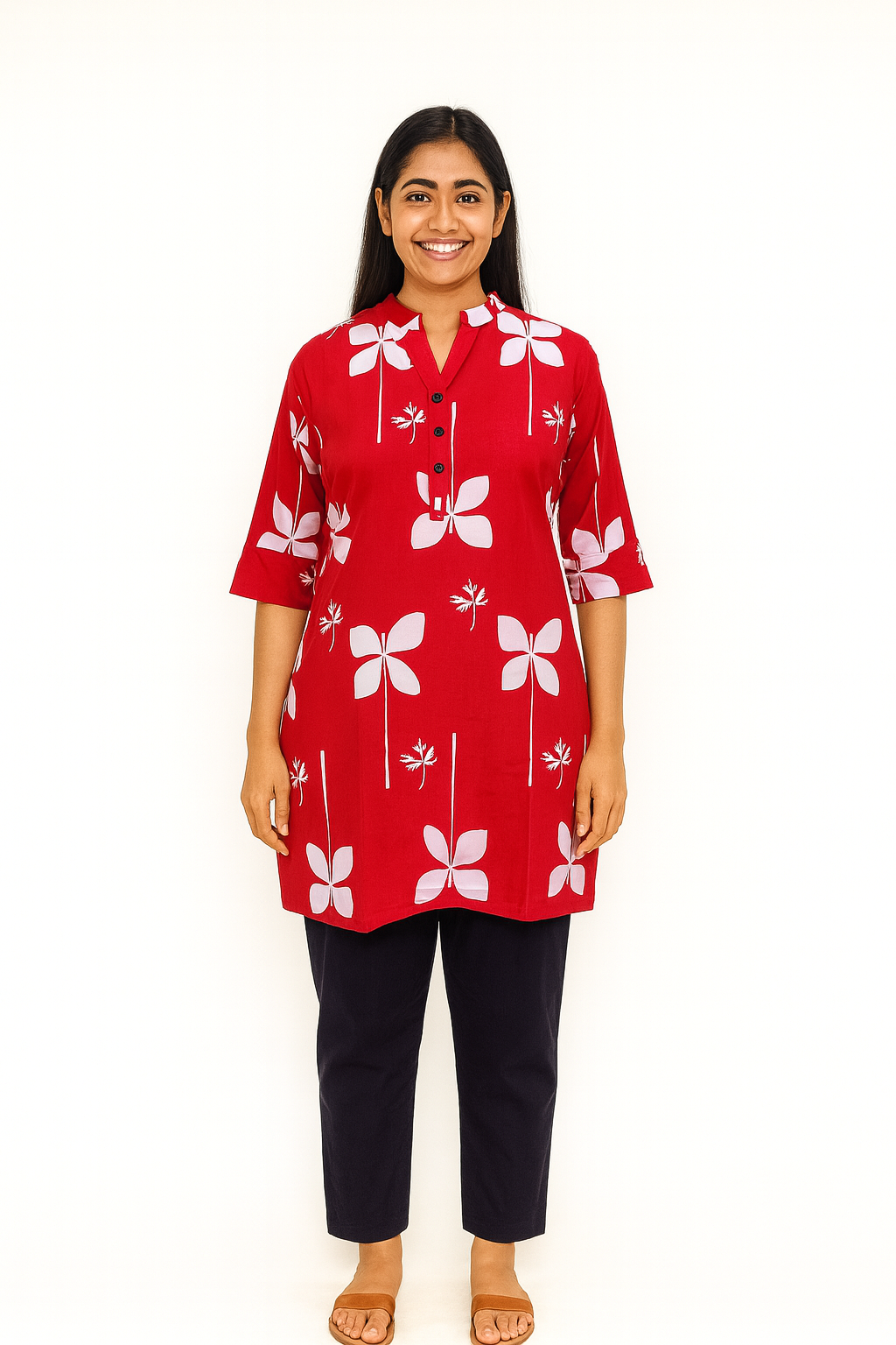 Cotton Short Top - Graphic Floral Print - Red - 205S27