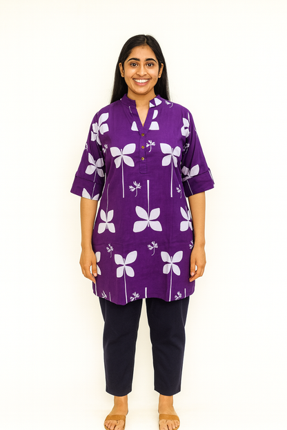 Cotton Short Top - Graphic Floral Print - Purple - 205S28