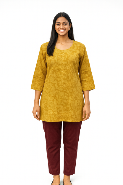 Cotton Short Top - Floral Print - Mustard - 205S5