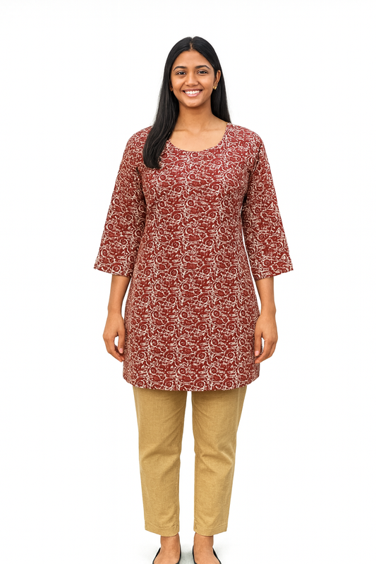 Cotton Short Top - Floral Vine Print - Red - 205S6