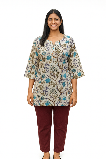 Cotton Short Top - Botanical Print - Cream - 205S8