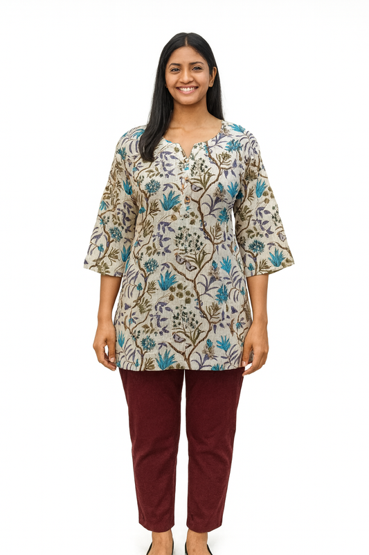 Cotton Short Top - Botanical Print - Cream - 205S8