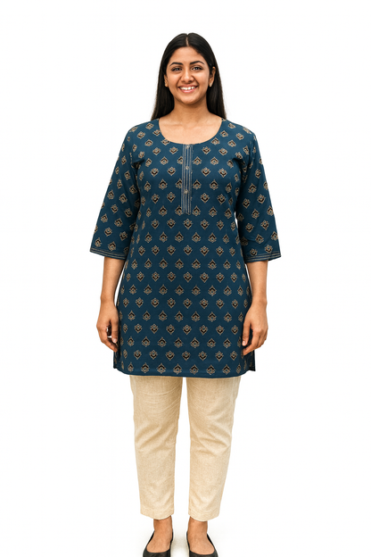 Cotton Short Top - Floral Buti Print - Deep Teal - 205S9