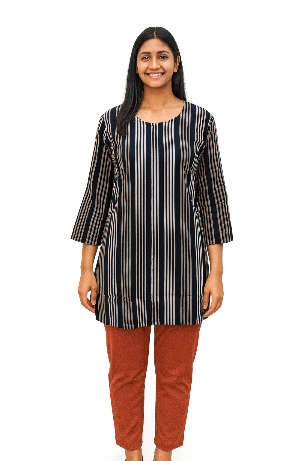 Cotton Short Top - Vertical Stripes Print - Black - 205S10