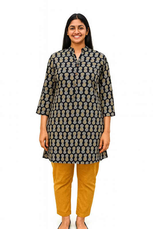Cotton Short Top - Pineapple Buta Print - Black - 205S11